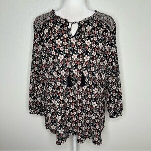 Style & Co Womens Black & Cream Floral Tassel-Tie Boho Peasant Top Size XXL
